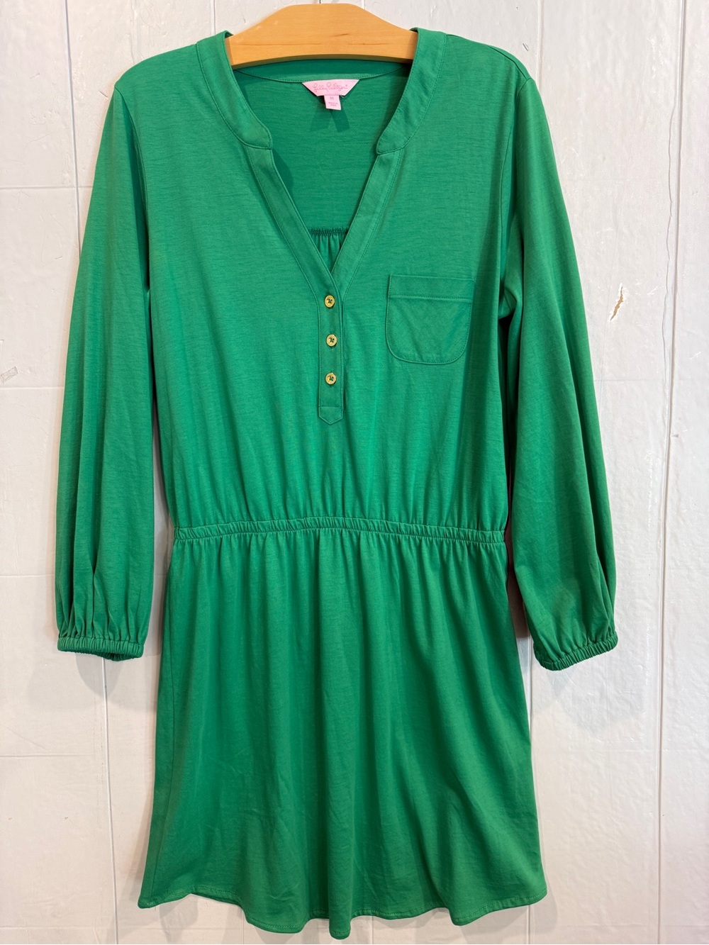 Lilly Pulitzer Beckett Kelly Green Oima Cotton Elastic-Waist Shirt Dress Medium